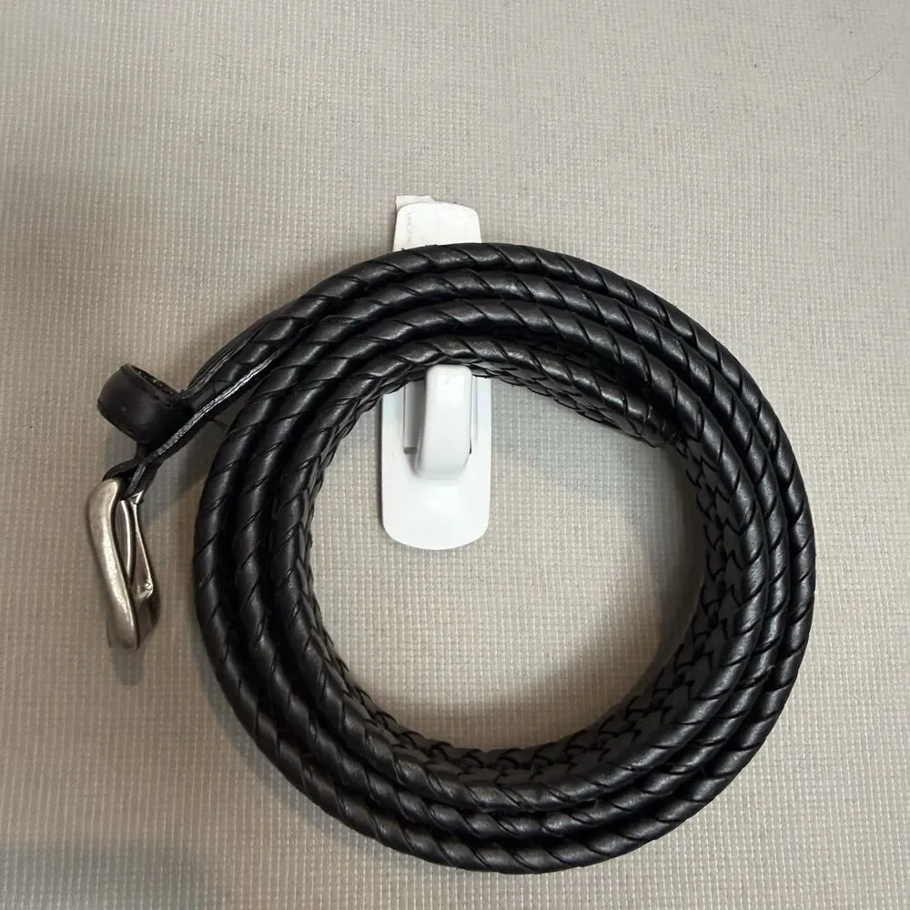 Leather Belt Size 48 Men’s Braided Black Silver Buckle 100% Leather Classic